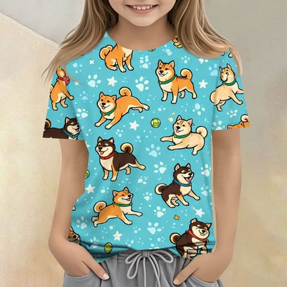 CCRFTGI Cute Tops for Kids Girls Size 10-12 Summer Short Sleeve Animal Print Tee Shirts Trendy Soft Lightweight Tween Girls Trendy Clothes Crew Neck Shirts Sky Blue 7-8 Years