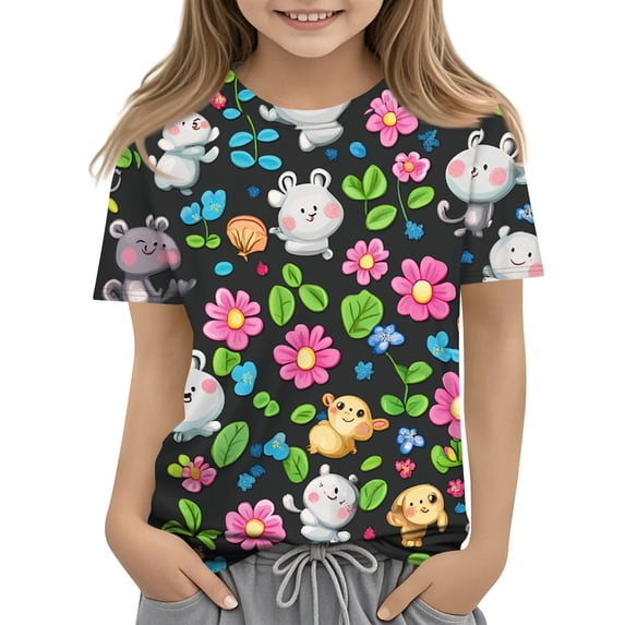 CCRFTGI Cute Tops for Kids Girls Size 6-7 Clothes for Teen Girls Short Sleeve Novelty Animal Floral Print Tops Casual Crew Neck Tee Top Coffee 3-4 Years