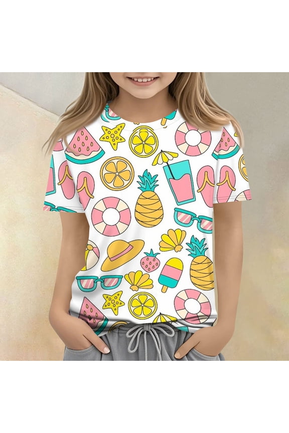 Cute Tops for Kids Girls Size 6 Short Sleeve Fruit Print Girls Clothes Tee Tops Summer Trendy Soft Lightweight Crew Neck T-Shirts Pink 3-4 Years