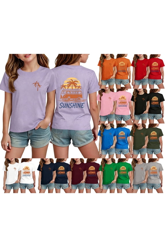 Cute Tops for Kids Girls Size 7-8 Hawaiian Tropic Sunshine Letter Print Beach Vacation Tshirt Short Sleeve Summer Shirts Preppy Girls Clothes Tee Tops Light Purple 7-8 Years