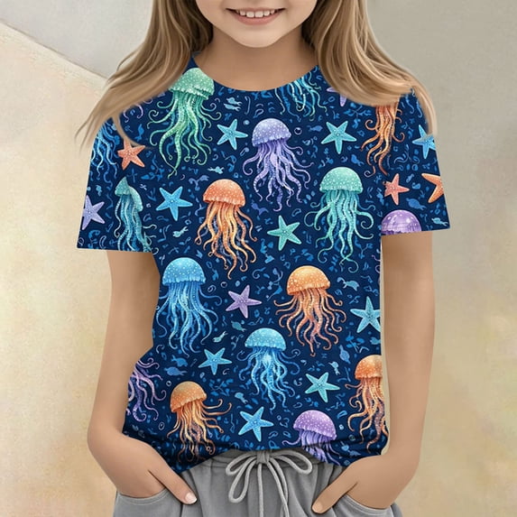 CCRFTGI Cute Tops for Kids Girls Size 7-8 Short Sleeve Animal Print Clothes for Teen Girls Tee Shirts Summer Casual Soft Lightweight Crew Neck Shirts Dark Blue 5-6 Years