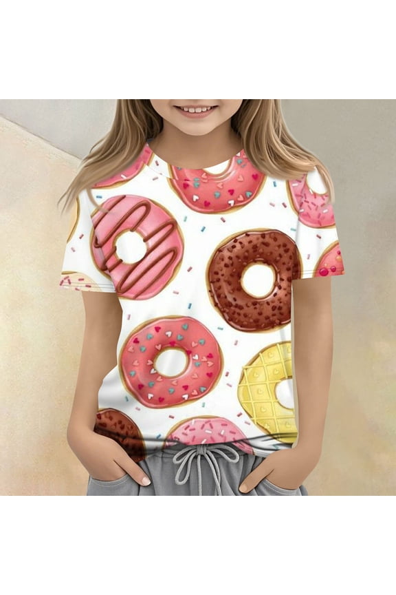 Cute Tops for Kids Girls Size 7 Short Sleeve Donut Print Tween Girls Trendy Clothes Tee Shirts Summer Casual Loose Comdy Crew Neck Shirts White 3-4 Years