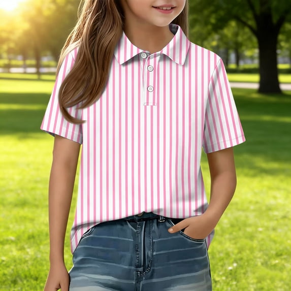 CCRFTGI Cute Tops for Kids Girls Size 7 Striped Shirt Short Sleeve Polo Shirts School Uniform Athletic Sport Lapel Button Collared Polo Summer Tops Light pink 7-8 Years