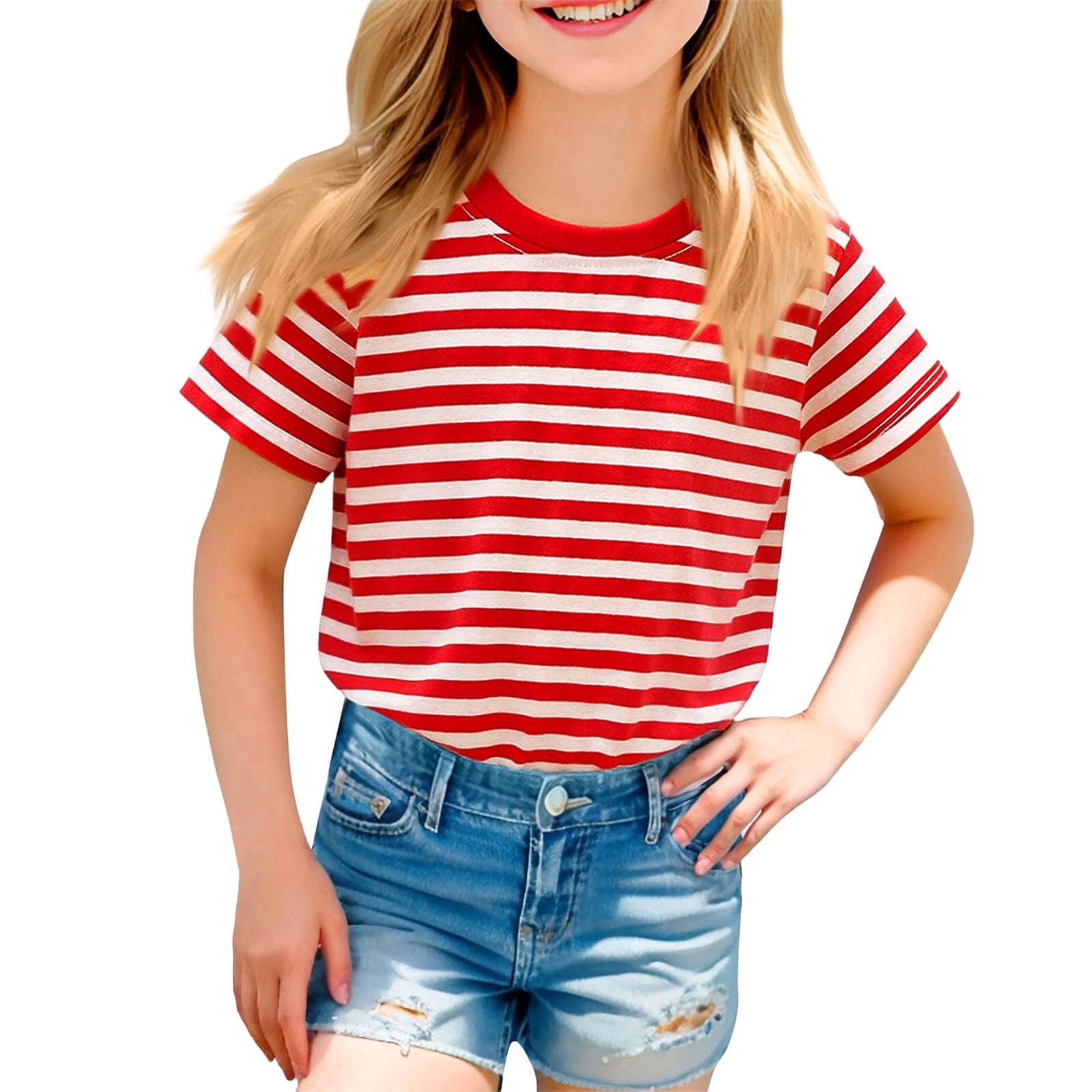 CCRFTGI Cute Tops for Child Girls 10-12 Short Sleeve Red Striped Summer ...