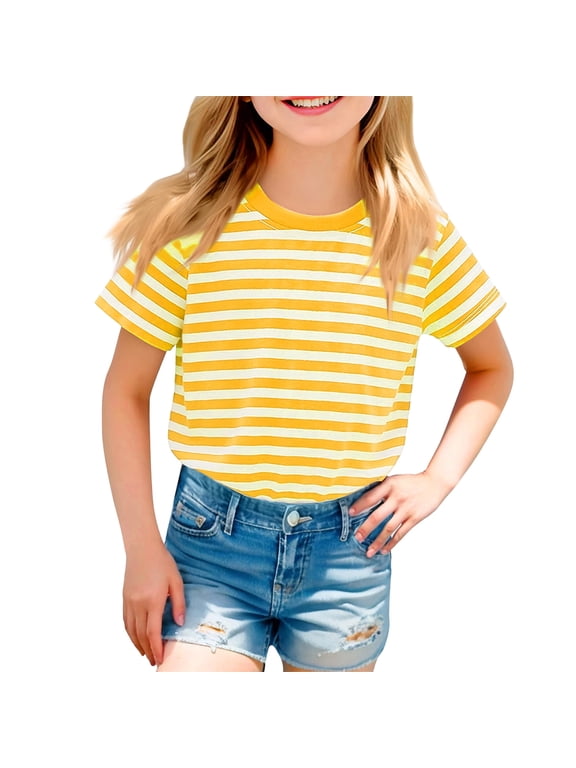 Cute Tops for Kids Girls Size 10-12 Short Sleeve Yellow Striped Summer Soft Tunic Blouses Loose Comfy Girls Clothes Tops Yellow 11-12 Years