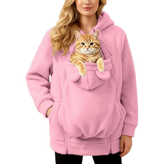 CCRFTGI Dog Cat Pouch Hoodies for Women Cozy Fleece Zip Up Oversized Jacket Fall Winter Large Pocket Pet Carrier Long Sleeve Sweatshirt Pink L