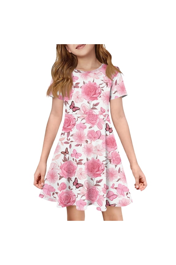 Dresses for Child Girls Size 8 Basic Short Sleeve 2026 Summer A Line Swing Skater Dress Funny Floral Print Dresses Party Girls Clothes Fashion Pink 11-12 Years