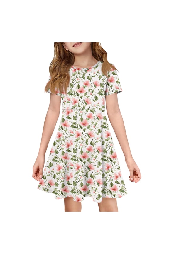 Dresses for Children Girls Size 10-12 Basic Short Sleeve Summer A Line Swing Skater Dress Funny Floral Print Dresses Holiday Girls Fashion Watermelon Red 11-12 Years