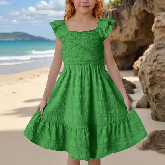 CCRFTGI Dresses for Children Girls Size 10-12 Casual Flutter Sleeve Spring Summer A Line Swing Dress Square Neck Beach Holiday Girls Fashion Dresses Green 12-13 Years