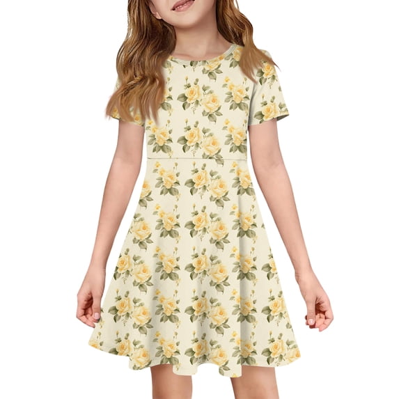 CCRFTGI Dresses for Kids Girls Size 10-12 Basic Short Sleeve 2026 Summer A Line Swing Skater Dress Cute Floral Print Dresses Party Girls Fashion Yellow 12-13 Years