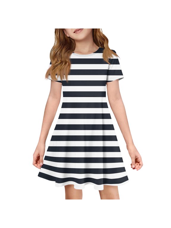 Dresses for Kids Girls Size 10-12 Casual Short Sleeve 2026 Summer A Line Swing Skater Dress Cute Striped Dresses Holiday Girls Clothes Fashion Black 3-4 Years