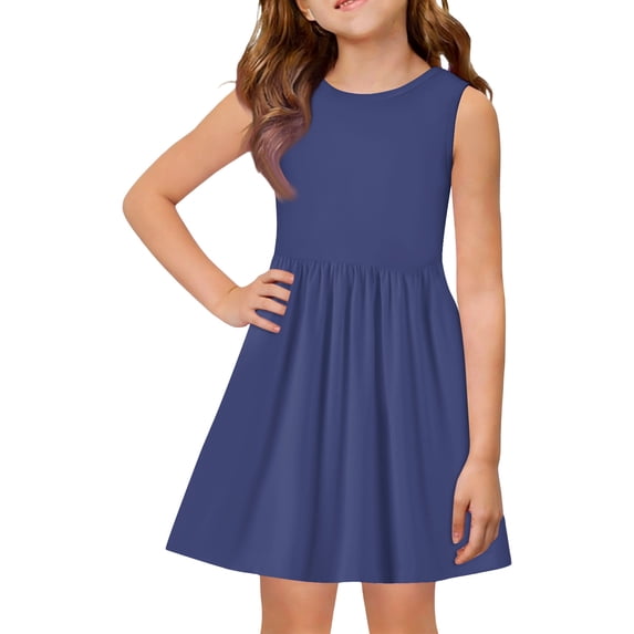 CCRFTGI Dresses for Kids Girls Size 10-12 Mini Solid Dress Party Wedding Sleeveless Girls Dresses 2026 Summer Trendy Special Occasion Dress for Girls Dark Blue 5-6 Years