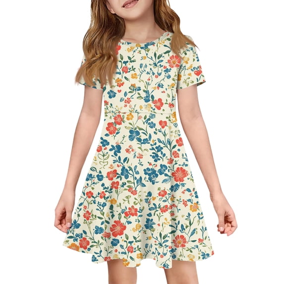 CCRFTGI Dresses for Kids Girls Size 7 Basic Short Sleeve 2026 Summer A Line Swing Skater Dress Funny Floral Print Dresses Holiday Girls Fashion Light Blue 12-13 Years
