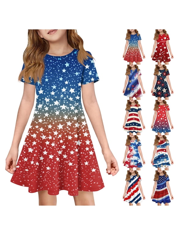 Dresses for Kids Girls Size 7 Basic Short Sleeve Summer A Line Swing Skater Dress Funny American Flag Stars 250 Anniversary USA Flag Dresses Holiday Girls Fashion Blue 7-8 Years