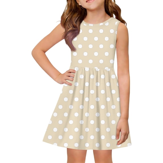 CCRFTGI Dresses for Kids Girls Size 8 A-Line Beige Polka Dots Dress Holiday Cute Sleeveless Girls Dresses Summer Stylish Casual Beach Fancy Dress for Girls Beige 12-13 Years