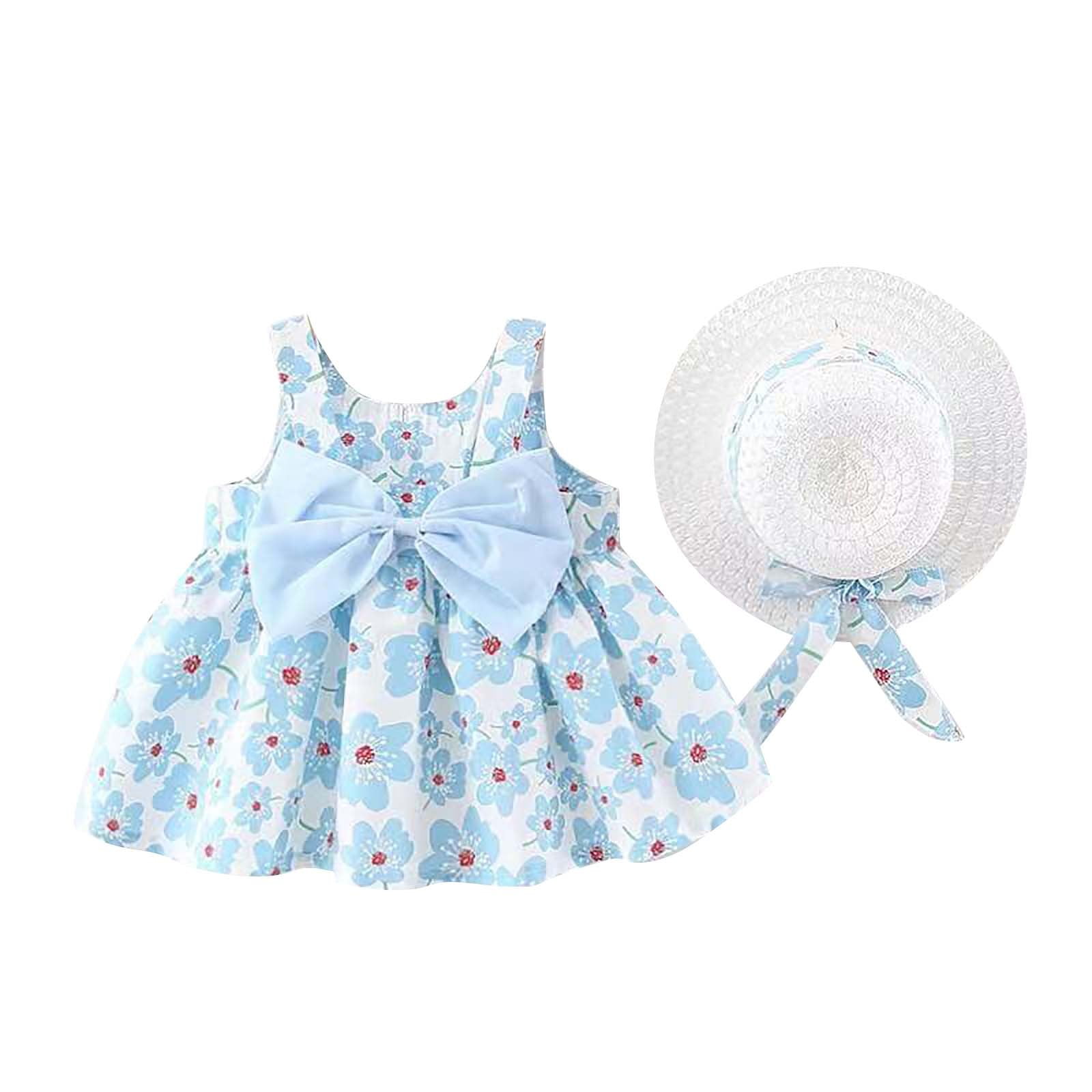 Summer Dress For Baby Girl In Leaves Printed Design Light Blue Color main image 0