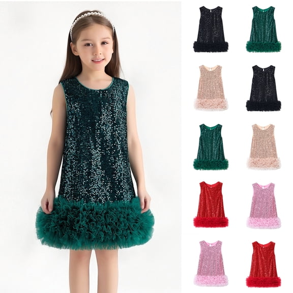 CCRFTGI Dresses for Girls Sequin Mini Holiday Formal Sleeveless Summer Dress Stylish New Year Fancy Dresses Beige 7-8 Years