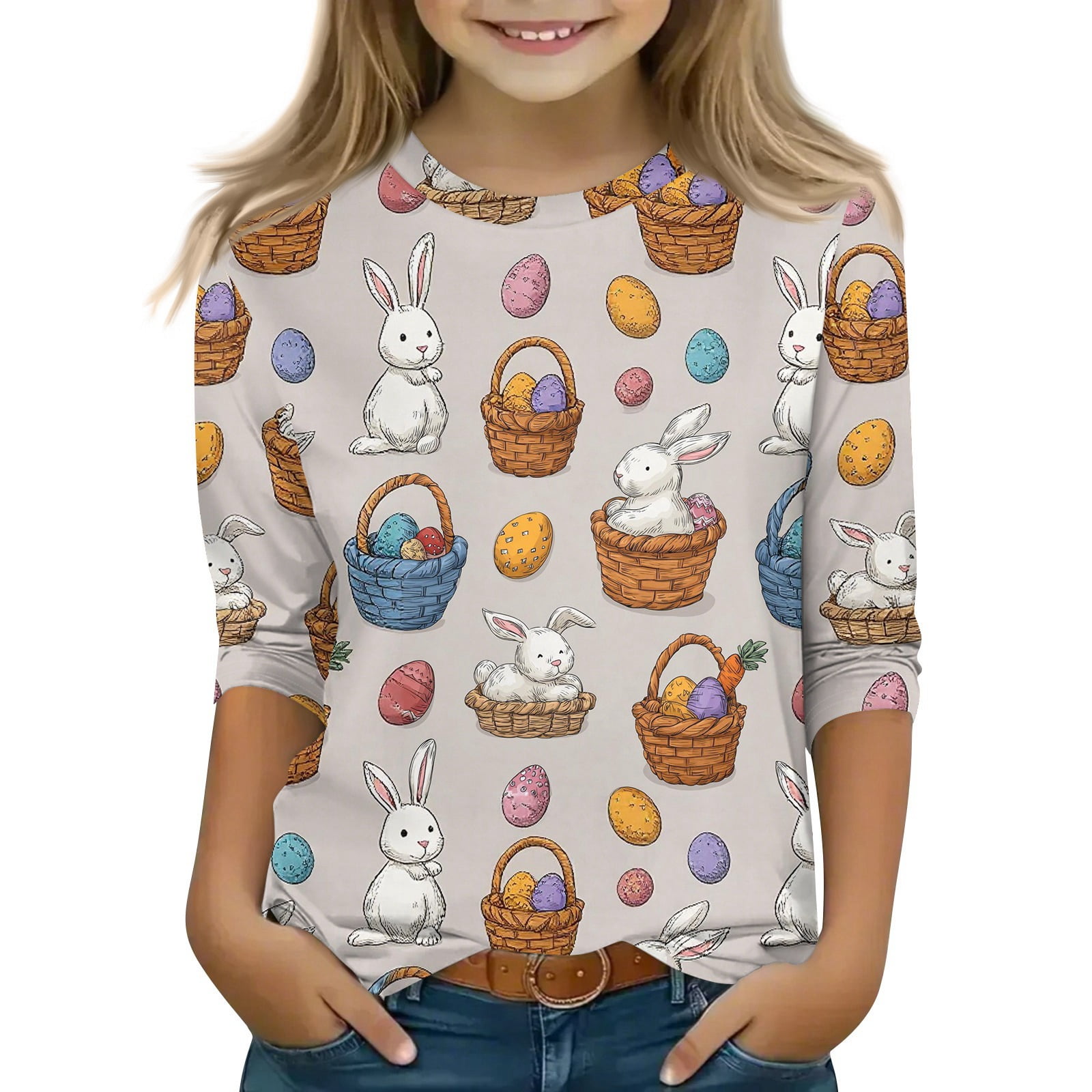CCRFTGI Easter 3/4 Length Sleeve Girls Tops Size 13-14 Happy Funny ...