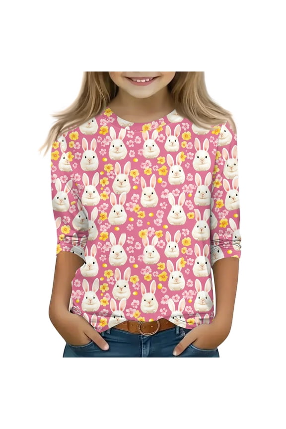 Easter 3/4 Length Sleeve Shirts for Girls Size 10-12 Funny Bunny Rabbit Easter Egg Print T shirts for kids Round Neck Shirts Soft Spring Day Tween Girls Clothes Light pink 12-13 Years