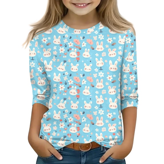 CCRFTGI Easter 3/4 Sleeve Girls Tops Size 10-12 Funny Bunny Rabbit Easter Egg Print T shirts for kids Trendy Crew Neck Tshirts Soft Fall Spring Tee Tops Light Blue 7-8 Years