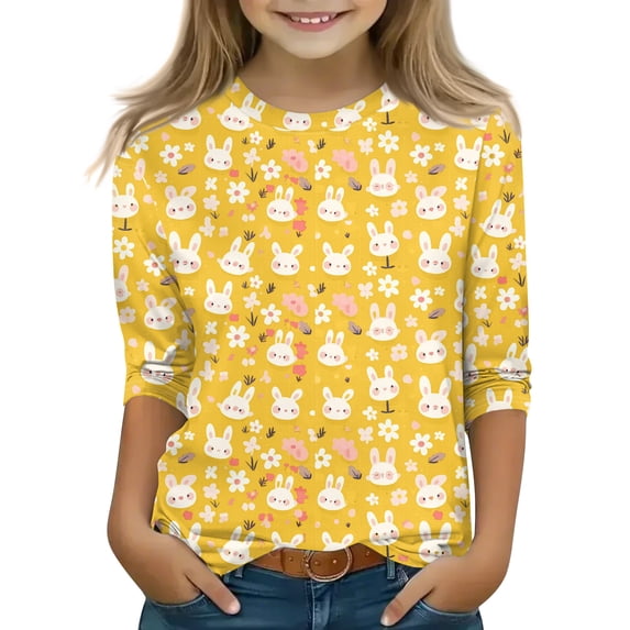 CCRFTGI Easter 3/4 Sleeve Shirts for Girls Size 7 Funny Bunny Rabbit Easter Egg Print T-shirt for kids Holiday Round Neck Tee Shirts Soft Spring Day Tween Girls Clothes Yellow 7-8 Years