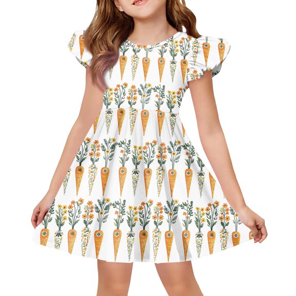 CCRFTGI Easter Dresses for Girls Size 8 Cute Bunny RabbiRuffle Sleeve Fashion Mini Sundress Party Summer Girls School Outfit for Kids Saffron 5-6 Years