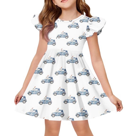 CCRFTGI Easter Dresses for Girls Size 7 Funny Car Ruffle Sleeve Trendy Mini Sundress Holiday Summer Girls Clothes for Kids Light Blue 5-6 Years