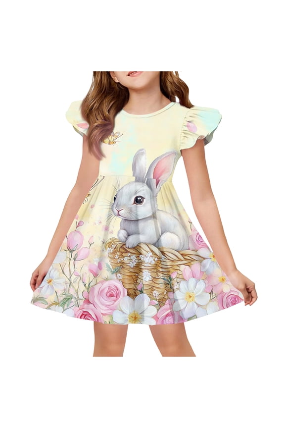 Easter Dresses for Girls Size 8 Cute Bunny Rabbit Flutter Sleeve Fashion Mini Dress Party Summer Girls Clothes for Kids Light pink 5-6 Years