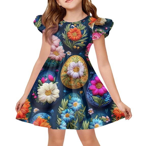 CCRFTGI Easter Girls Dresses Size 7 Cute Bunny Rabbit Easter Egg PrinFlutter Sleeve Trendy A-Line Dress Holiday Summer Girls School Outfit for Kids Navy 12-13 Years