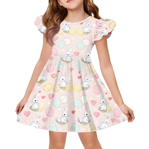 CCRFTGI Easter Girls Dresses Size 7 Funny Bunny Rabbit Flutter Sleeve Trendy Mini Dress Party Summer Girls School Outfit for Kids Beige 11-12 Years