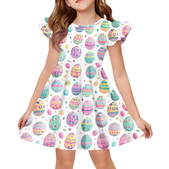 CCRFTGI Easter Girls Dresses Size 8 Cute Easter Egg Print Flutter Sleeve Fashion A-Line Sundress Party Summer Girls School Outfit for Kids Light Green 3-4 Years