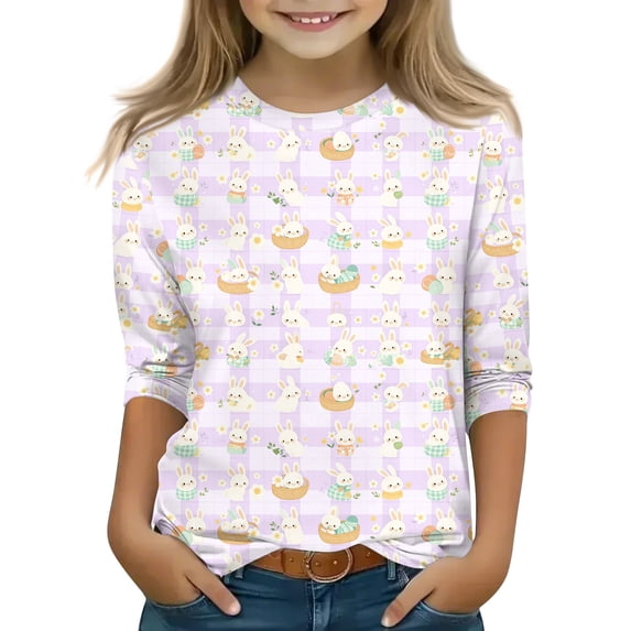 CCRFTGI Easter Girls Tops 10-12 3/4 Length Sleeve Cute Bunny Rabbit T shirts for kids Holiday Crew Neck Tshirts Soft Fall Spring Gifts for Girls Light Purple 5-6 Years