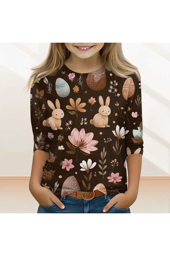 Easter Girls Tops Size 6 3/4 Sleeve Cute Bunny Rabbit Easter Egg Print T-Shirt Holiday Crew Neck Tshirts Soft Spring Day Outfit Light Gray 7-8 Years