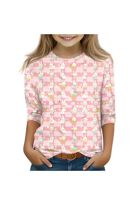 Easter Girls Tops Size 6-7 3/4 Sleeve Cute Bunny Rabbit T shirts for kids Trendy Crewneck Tshirts Casual Fall Spring Gifts for Girls Pink 5-6 Years