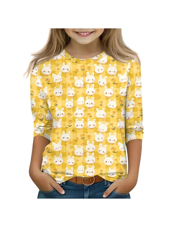 Easter Girls Tops Size 7 3/4 Sleeve Cute Bunny Rabbit Easter Egg Print T-shirt for kids Trendy Round Neck Tshirts Soft Fall Spring Outfit Yellow 5-6 Years