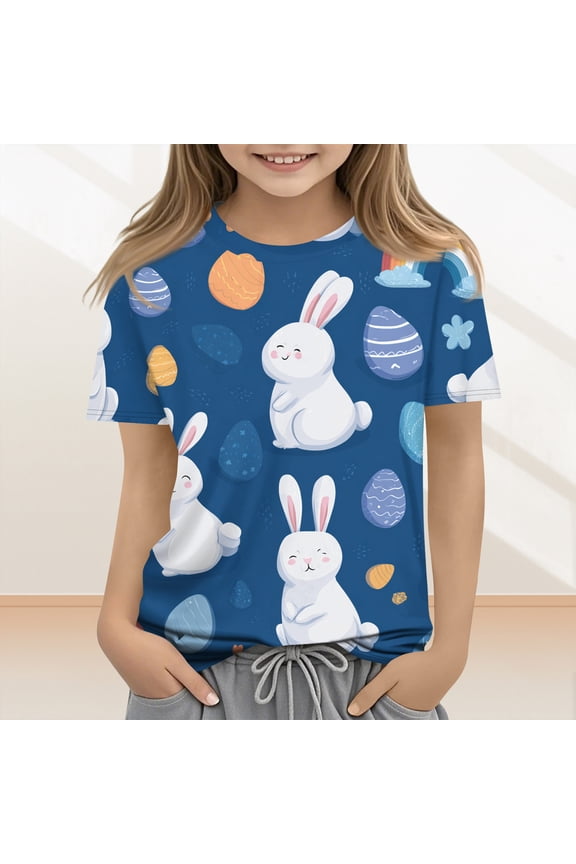 Easter Shirt for Children Girls Size 7 Funny Bunny Rabbit Easter Egg Print Shirts Fashion T-Shirt Holiday Crewneck Gift T-Shirt girls clothes Blue 12-13 Years