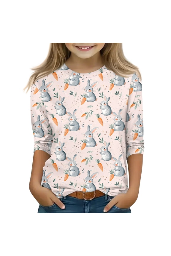 Easter Shirts for Girls Size 6 3/4 Length Sleeve Cute Bunny Rabbit Easter Egg Print T-shirt for kids Holiday Crewneck Tshirts Soft Spring Day Tee Tops Light Gray 12-13 Years