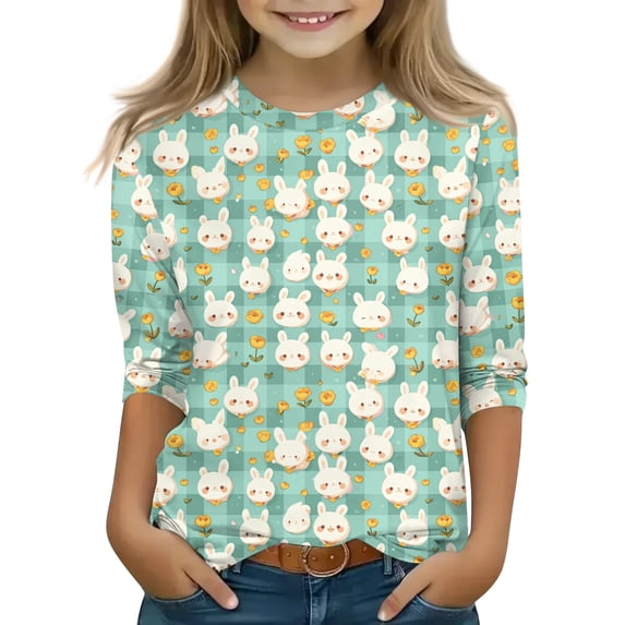 CCRFTGI Easter Shirts for Girls Size 6-7 3/4 Sleeve Cute Bunny Rabbit Easter Egg Print T-shirt for kids Girls Fashion for kids Crewneck Tshirts Soft Fall Spring Outfit Light Green 12-13 Years