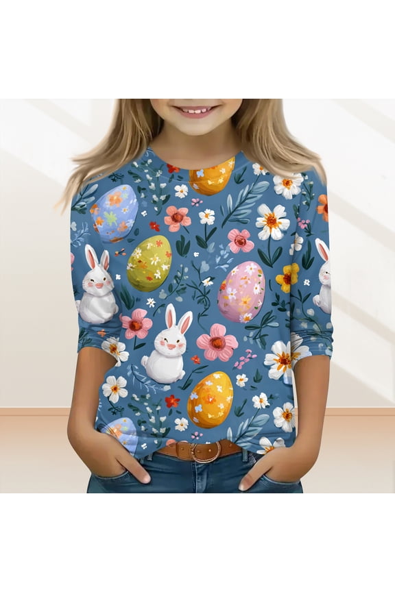 Easter Shirts for Kids Girls Size 13-14 3/4 Sleeve Cute Bunny Rabbit Easter Egg Print T Shirts Holiday Round Neck Tshirts Casual Fall Spring Gifts for Girls Blue 12-13 Years