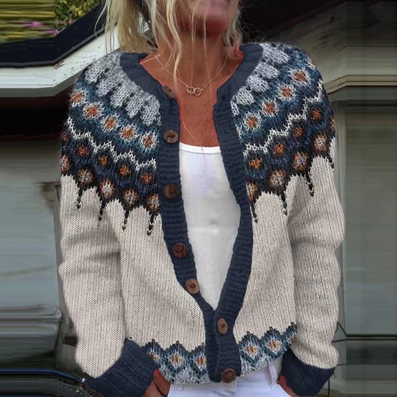 CCRFTGI Fair Isle Cardigan Sweaters for Women Fall Chunky Button Down Sweaters Trendy Open Front Knitted Floral Casual Cardigans Navy XXL