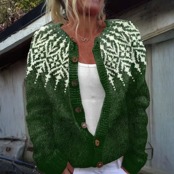 CCRFTGI Fair Isle Cardigan Sweaters for Women Fall Winter Vintage Button Down Sweaters Colorful Open Front Knitted Floral Boho Cardigans Army Green L