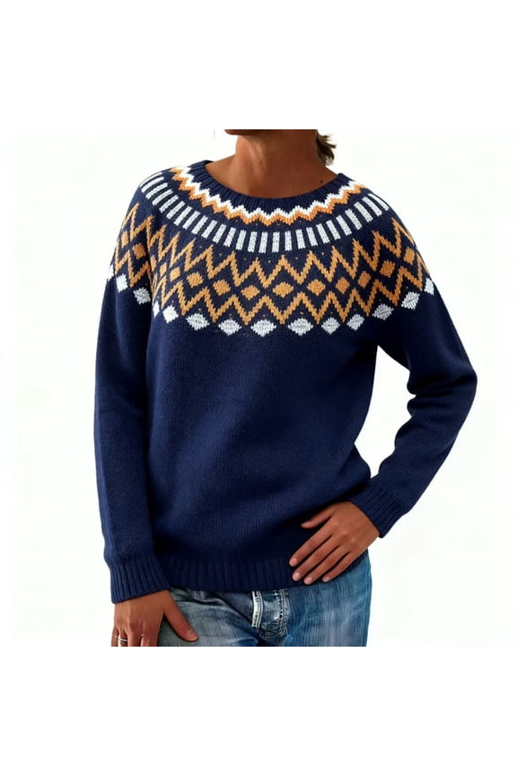 Fair Isle Sweater Women 2025 Fall Long Sleeve Knit Sweater Pullover Casual Vintage Sweater Lightweight Crewneck Jumper Tops Dark Blue M