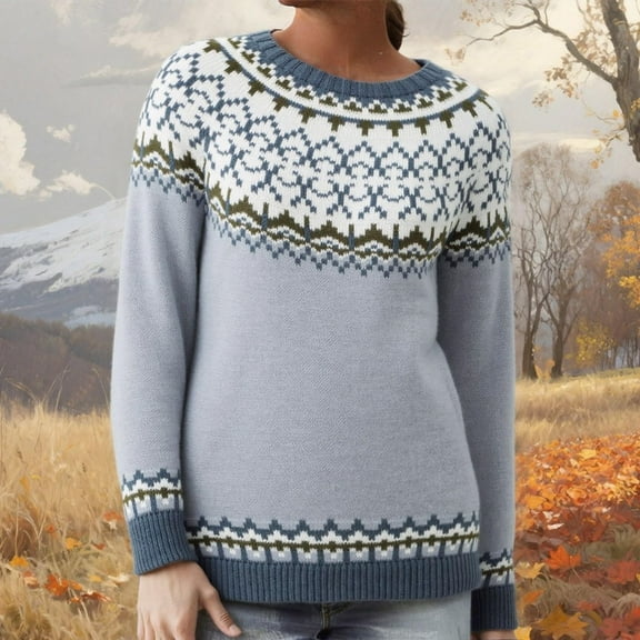 CCRFTGI Fair Isle Sweater Women 2025 Fashion Long Sleeve Knit Sweater Pullover Casual Trendy Pullover Loose Crewneck Jumper Tops Gray L