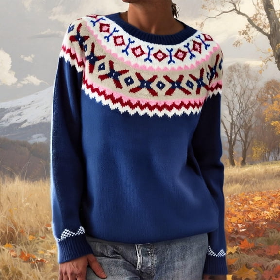 CCRFTGI Fair Isle Sweaters for Women 2025 Fall Long Sleeve Knit Sweater Pullover Casual Vintage Pullover Loose Crewneck Sweater Top Dark Blue L