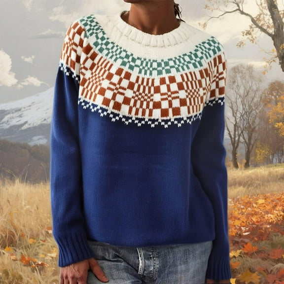 CCRFTGI Fair Isle Sweaters for Women 2025 Fashion Long Sleeve Knit Sweater Pullover Casual Vintage Pullover Loose Crewneck Pullover Top Royal Blue M