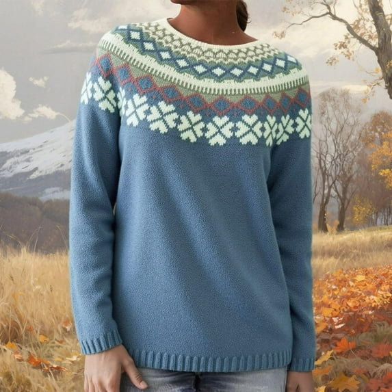CCRFTGI Fair Isle Sweaters for Women 2025 Fashion Long Sleeve Knit Sweater Pullover Casual Vintage Sweater Lightweight Crewneck Jumper Tops Blue XXL