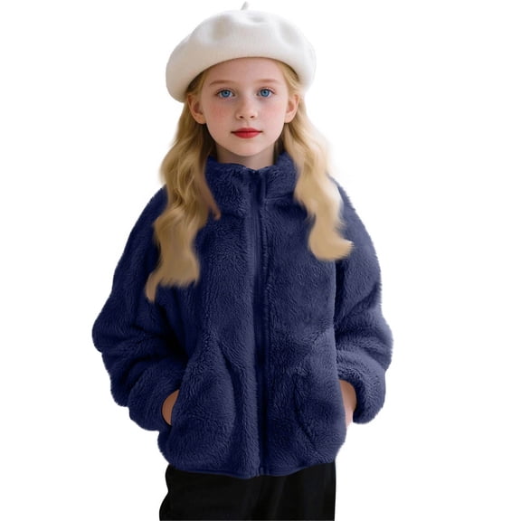 CCRFTGI Fall Jacket for Girls Fleece Fuzzy Full Zip Outwear Coat Soft Fall Winter Jacket Teddy Coat Hooded with Pockets Navy 11-12Y
