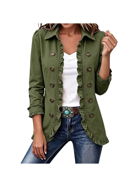 Fall Jackets For Women Ruffle Double Breasted Open Front Lapel Collar Long Sleeve Coats Casual Trendy Y2K Outerwear Army Green L