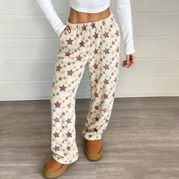 CCRFTGI Flannel Pajama Pants Women Baggy Casual Fleece Lounge Pants Soft Warm Star Graphic Pajama Pants Fashion Holiday Party Waisted Trousers Beige S