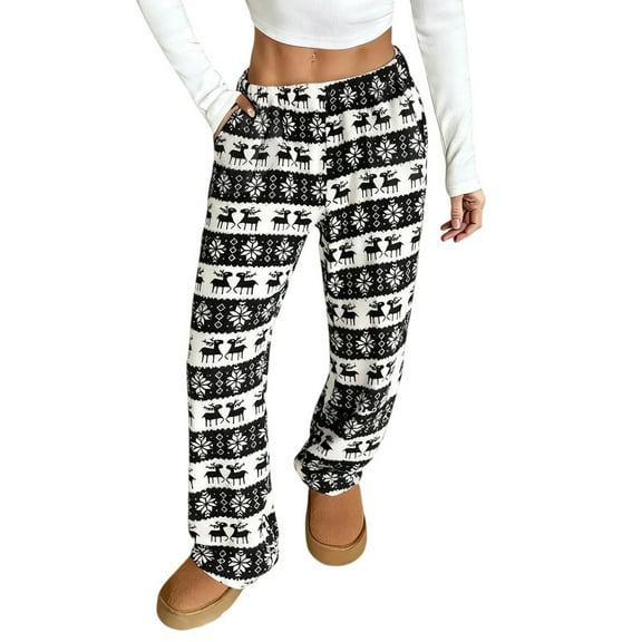 CCRFTGI Flannel pajama pants women Baggy Casual Fleece Lounge Pants Loose Fit Xmas Tree Snowflake Print Pajama Pants Fashion Holiday Party Waisted Pjs Sleep Bottoms Black M